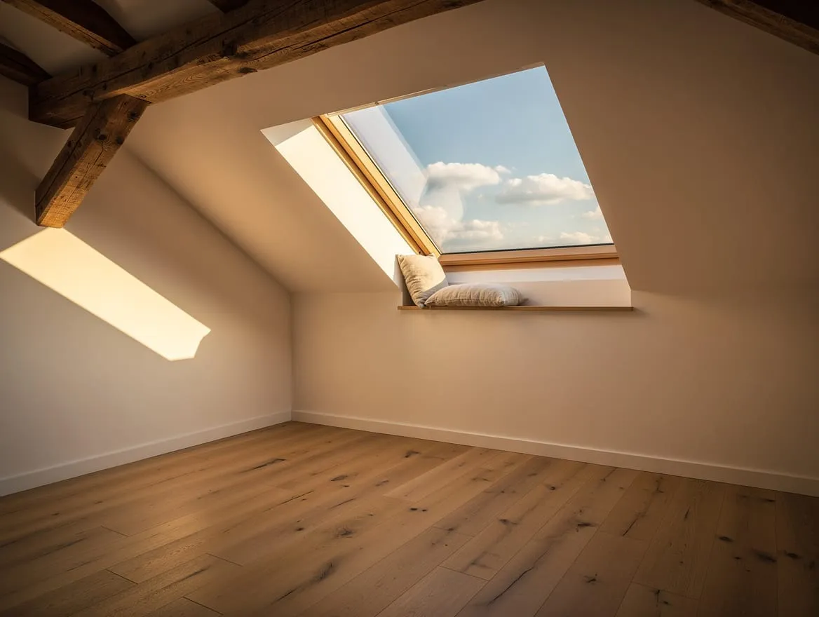 Heller Dachraum mit natürlichem Lichteinfall durch ein modernes Dachfenster