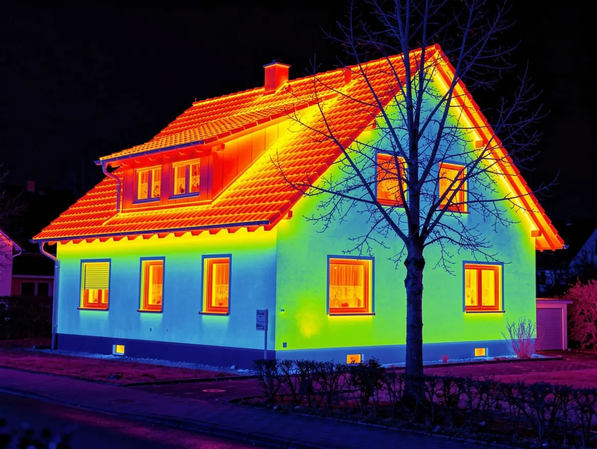 Wärmebild eines Hauses: Deutlich sichtbare Wärmeverluste über das Dach