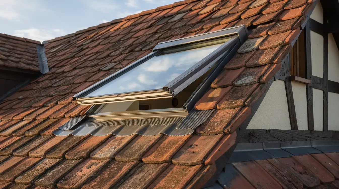 Geöffnetes Dachfenster mit Eindeckrahmen in einem Ziegeldach