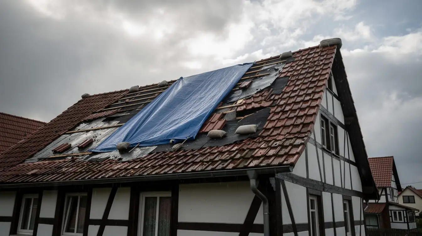 Sturmschaden an einem Ziegeldach, provisorisch mit einer Plane gesichert