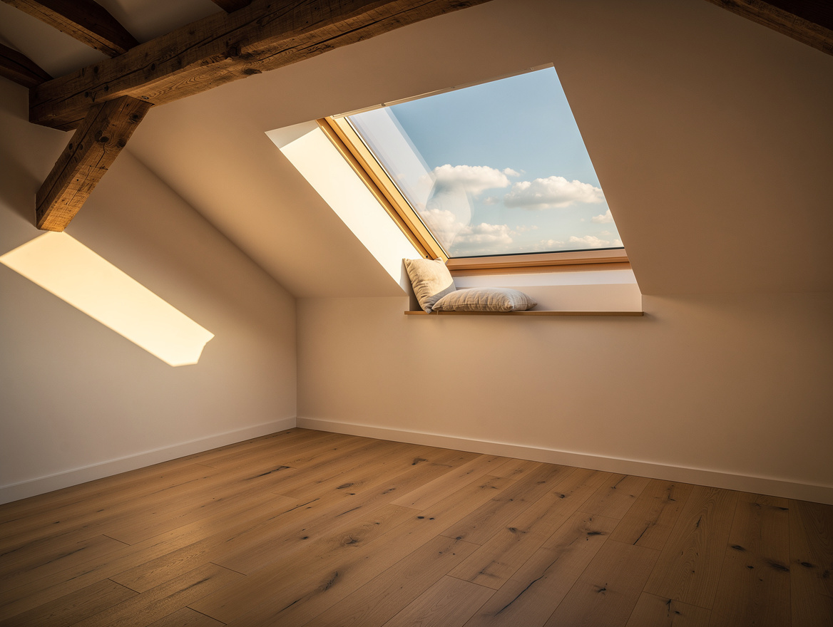 Heller Dachraum mit natürlichem Lichteinfall durch ein modernes Dachfenster