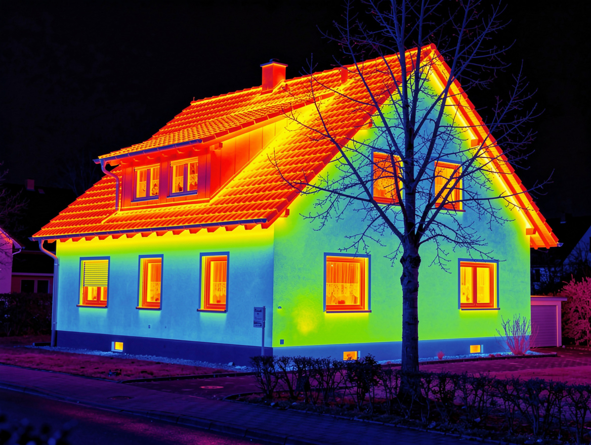 Wärmebild eines Hauses: Deutlich sichtbare Wärmeverluste über das Dach