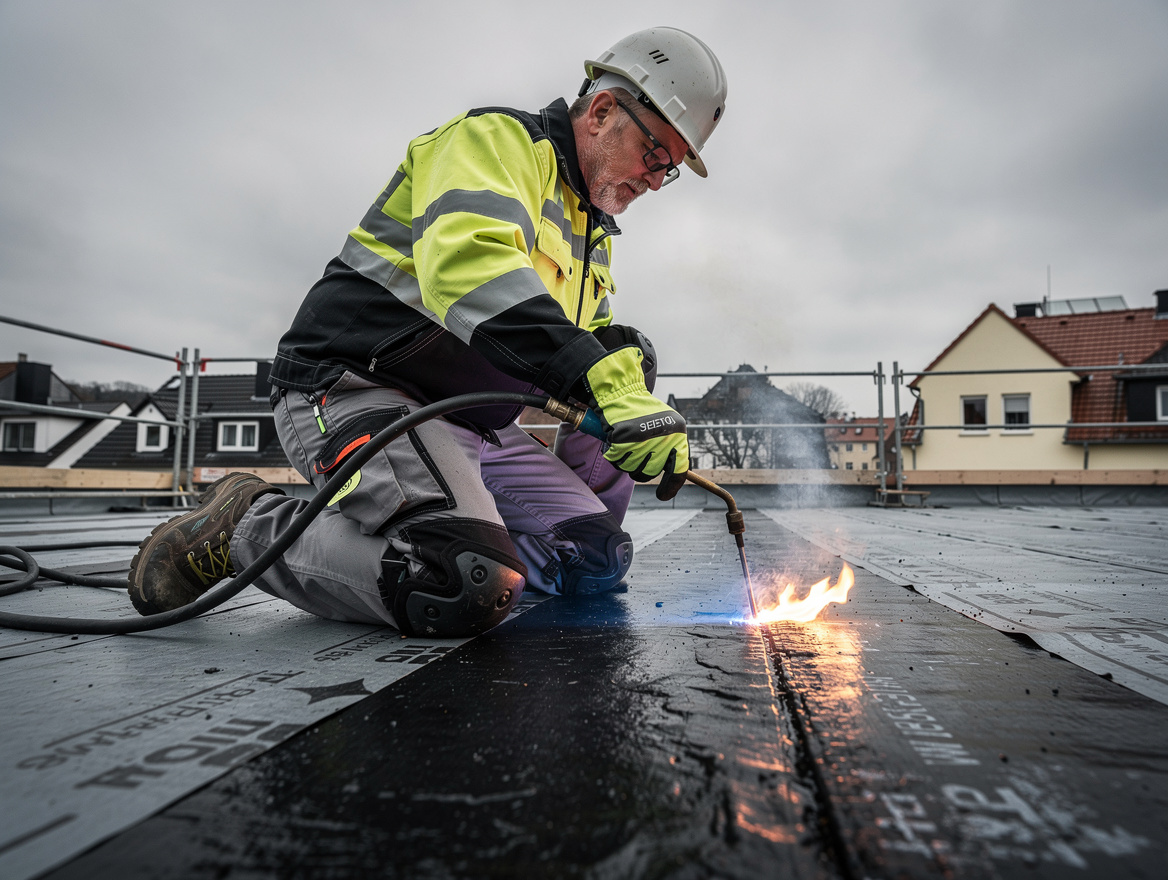 Fachgerechte Verarbeitung: Dachdecker verschweißt Bitumenbahn auf dem Flachdach