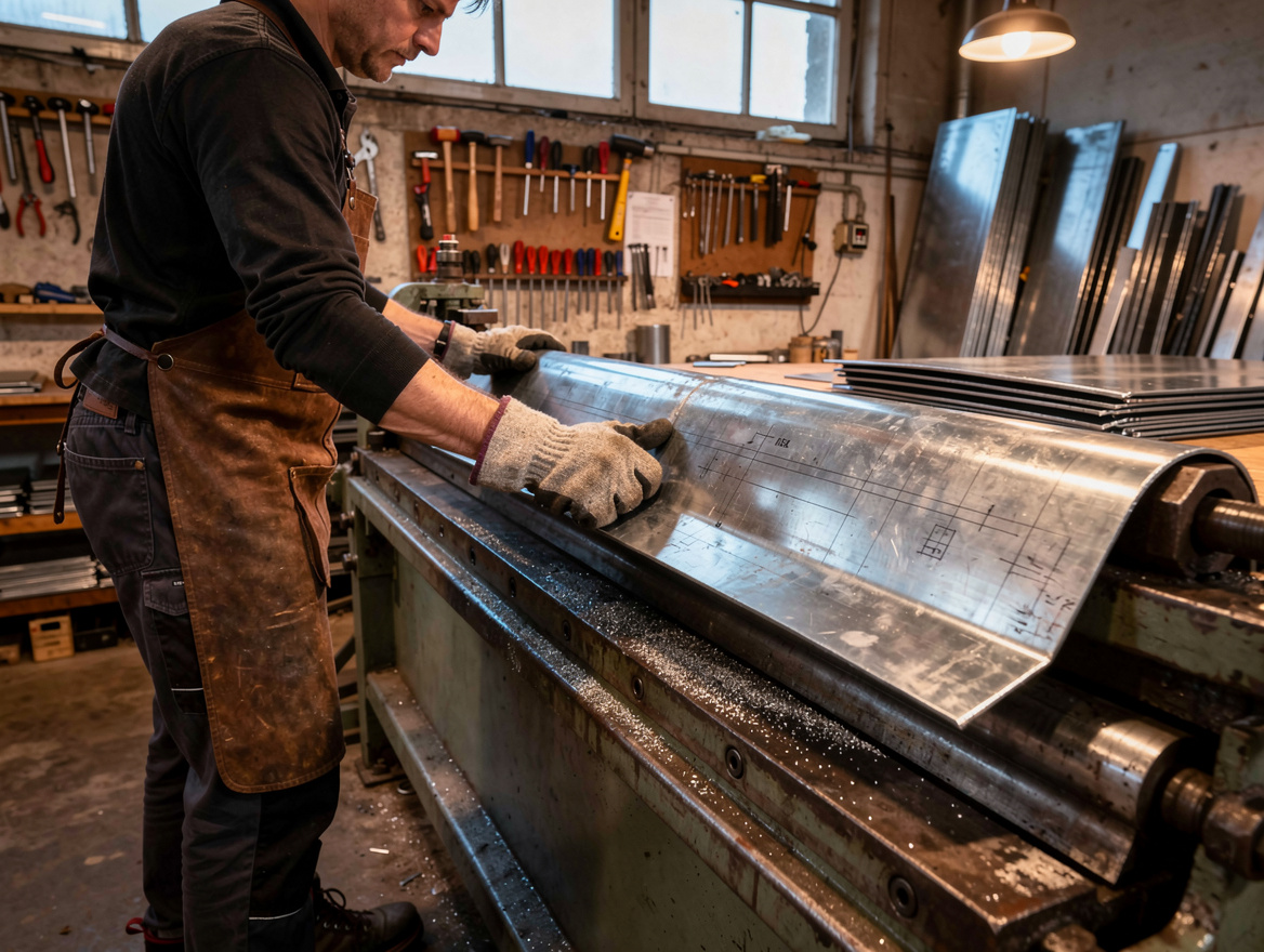 Spengler fertigt individuelle Blechkantung an der Abkantbank